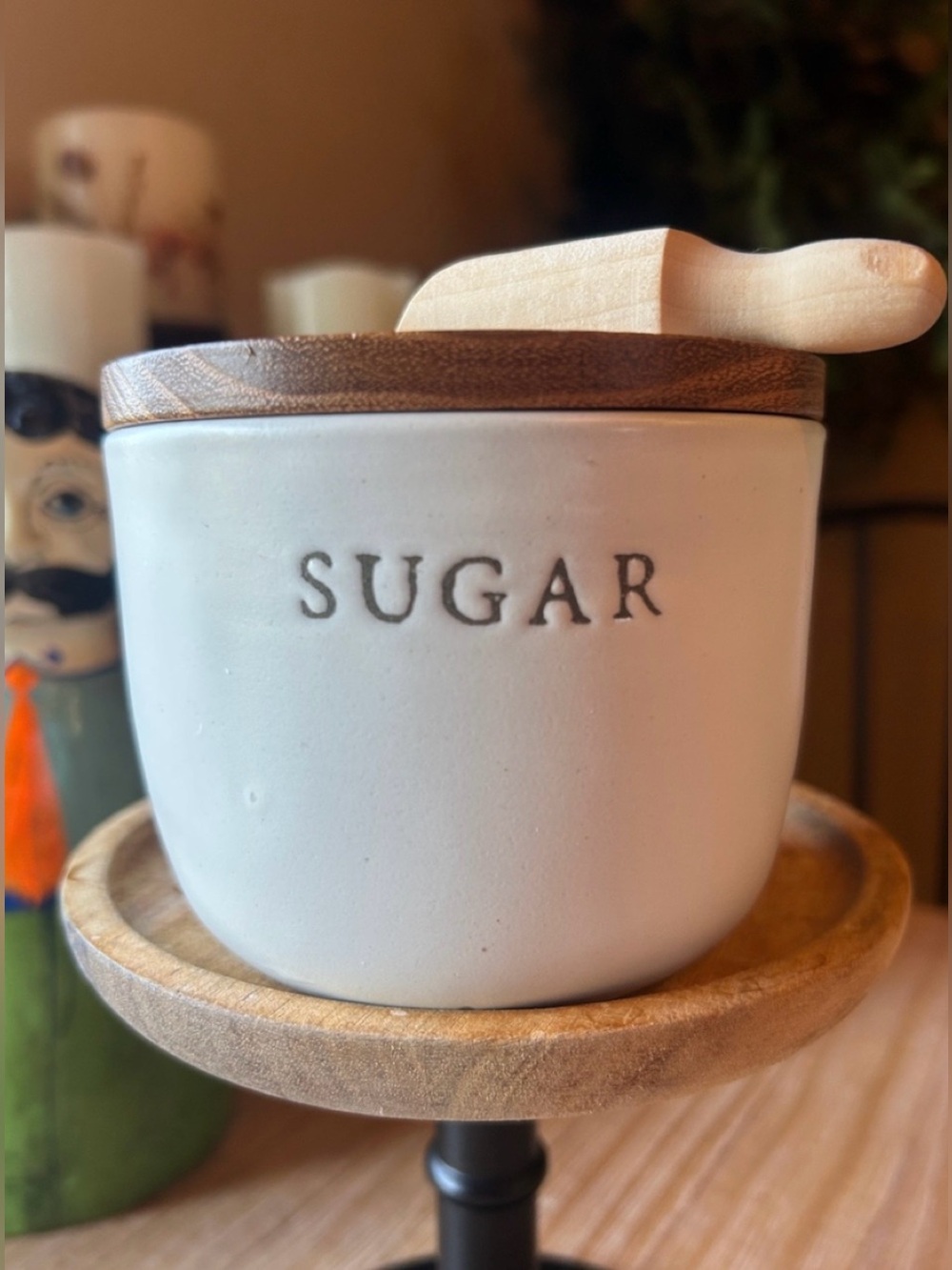 Hearth & Hand w Magnolia Stoneware Sugar Cellar Wooden Lid Debossed Lettering.
